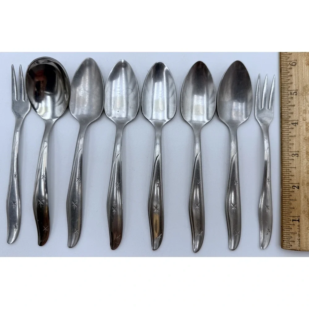 11 Mar-Crest, Kobe Atomic Star Flatware Pcs Mixed Lot Spoons Appetizer Forks 60s